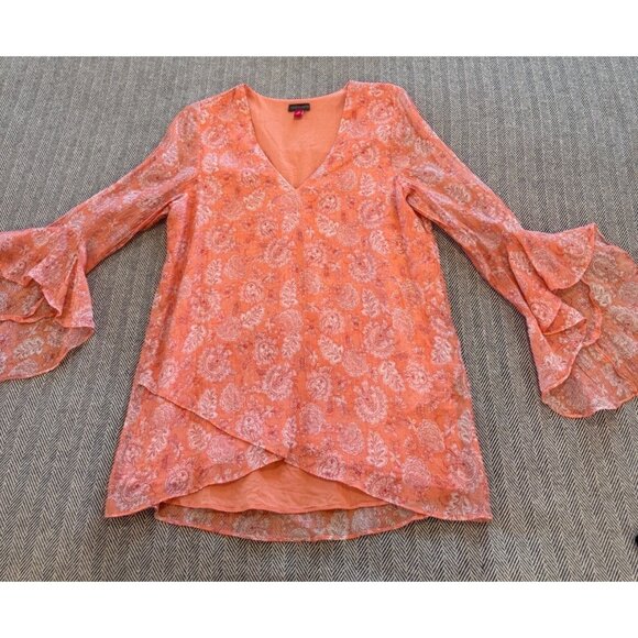 Vince Camuto Womens Pink Paisley Print V-Neck Ruffle Sleeve Sheer Blouse with li - Picture 3 of 11